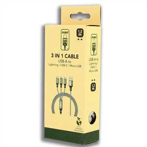 PLUGIT 3 IN 1 CABLE (USB-A TO MICRO USB/IPHONE/C) - 1.2M - GREY NYLON METAL HEAD